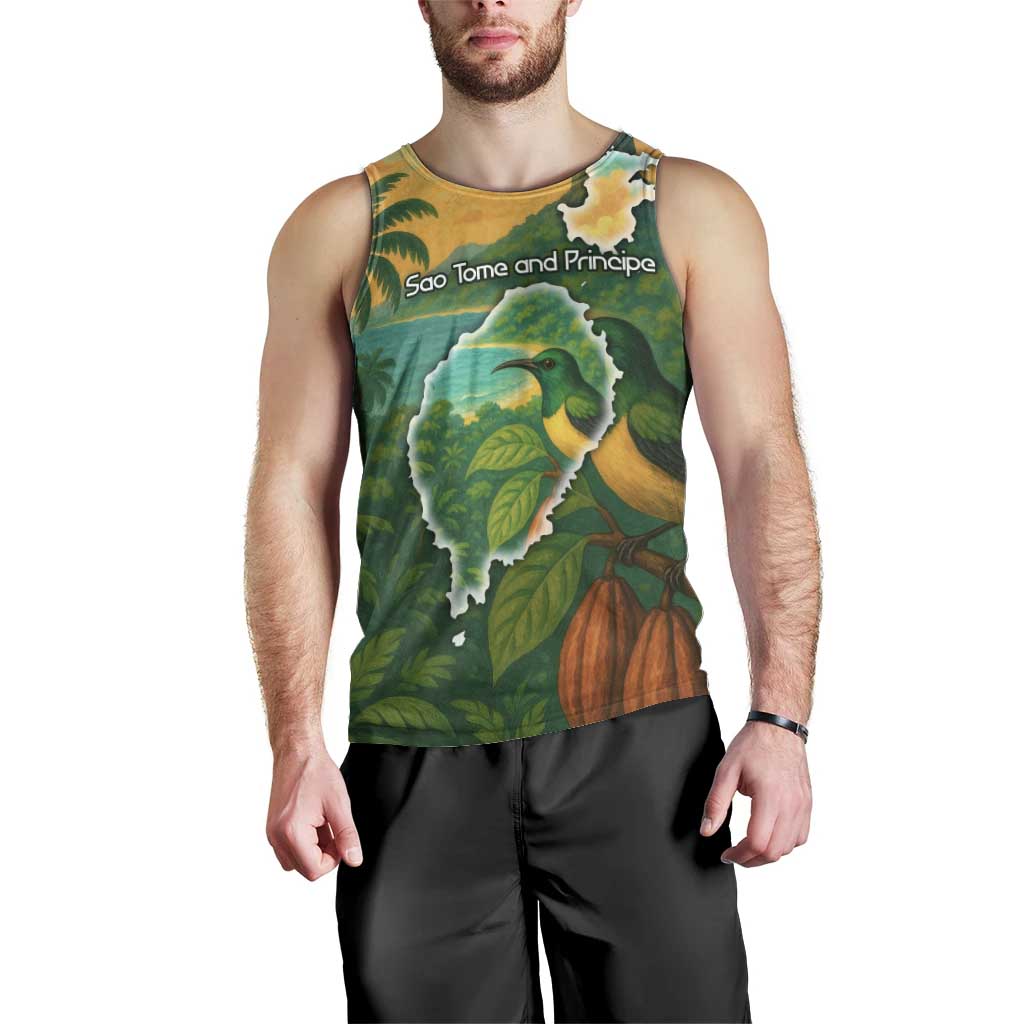 Sao Tome and Principe Tropical Island Men Tank Top with Bird and Cocoa Forest Print