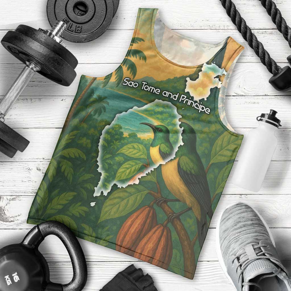 Sao Tome and Principe Tropical Island Men Tank Top with Bird and Cocoa Forest Print
