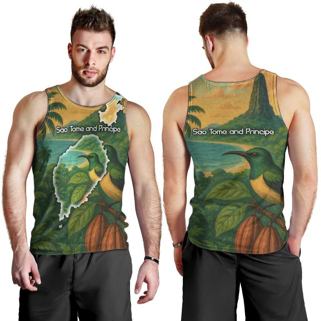 Sao Tome and Principe Tropical Island Men Tank Top with Bird and Cocoa Forest Print