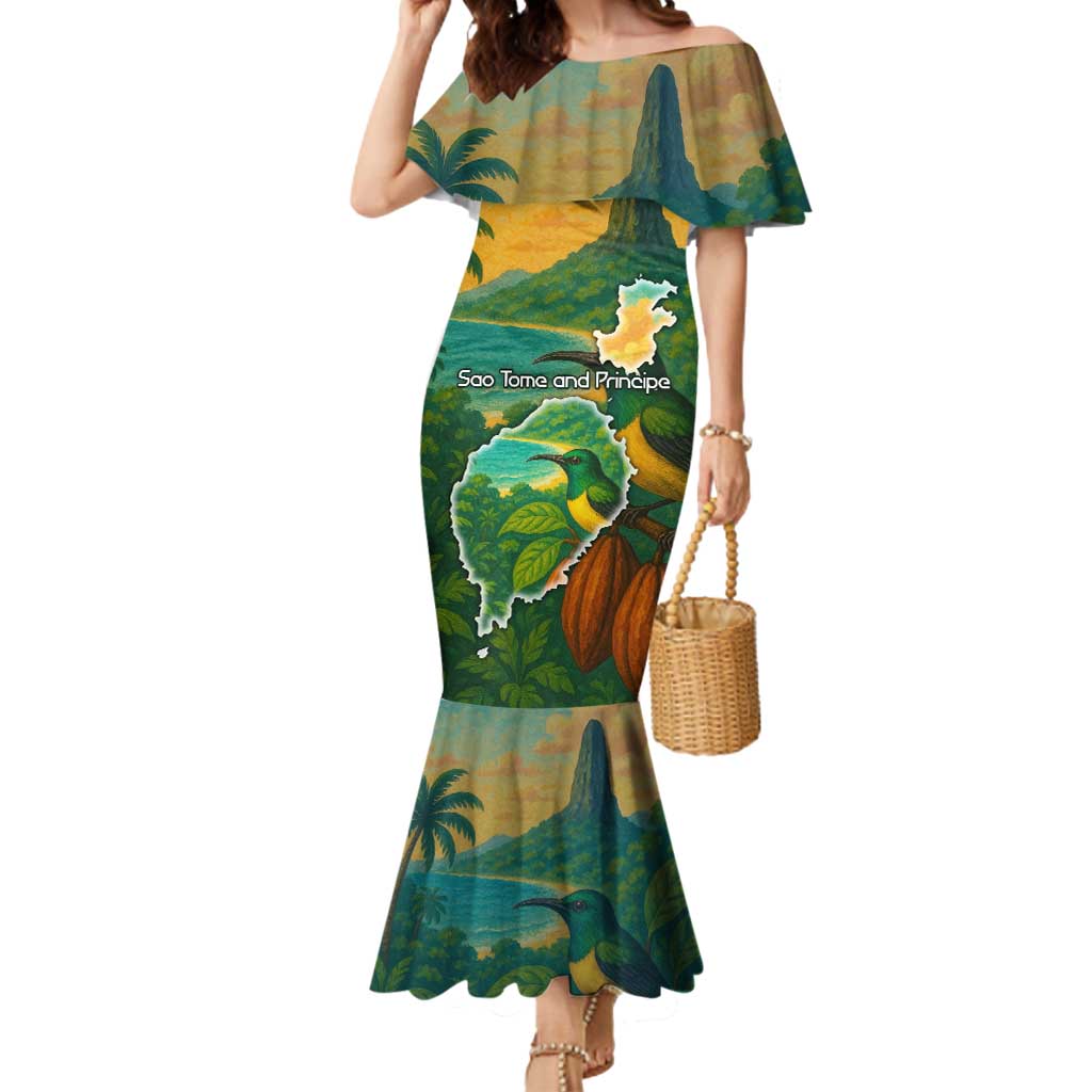 Sao Tome and Principe Tropical Island Mermaid Dress with Bird and Cocoa Forest Print