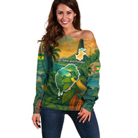 Sao Tome and Principe Tropical Island Off Shoulder Sweater with Bird and Cocoa Forest Print
