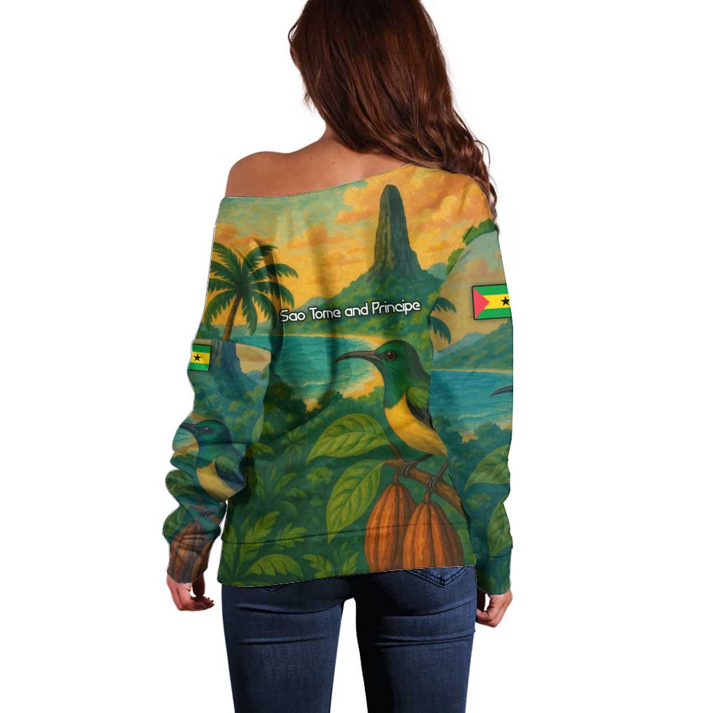 Sao Tome and Principe Tropical Island Off Shoulder Sweater with Bird and Cocoa Forest Print