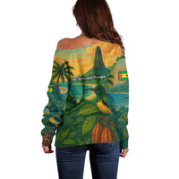 Sao Tome and Principe Tropical Island Off Shoulder Sweater with Bird and Cocoa Forest Print