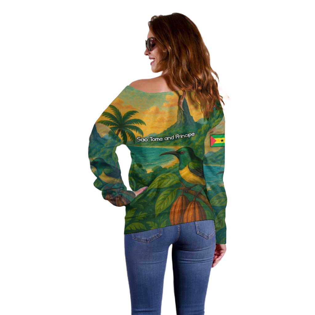 Sao Tome and Principe Tropical Island Off Shoulder Sweater with Bird and Cocoa Forest Print