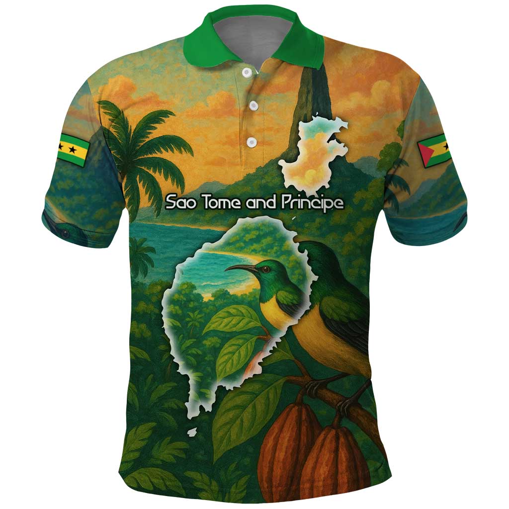 Sao Tome and Principe Tropical Island Polo Shirt with Bird and Cocoa Forest Print