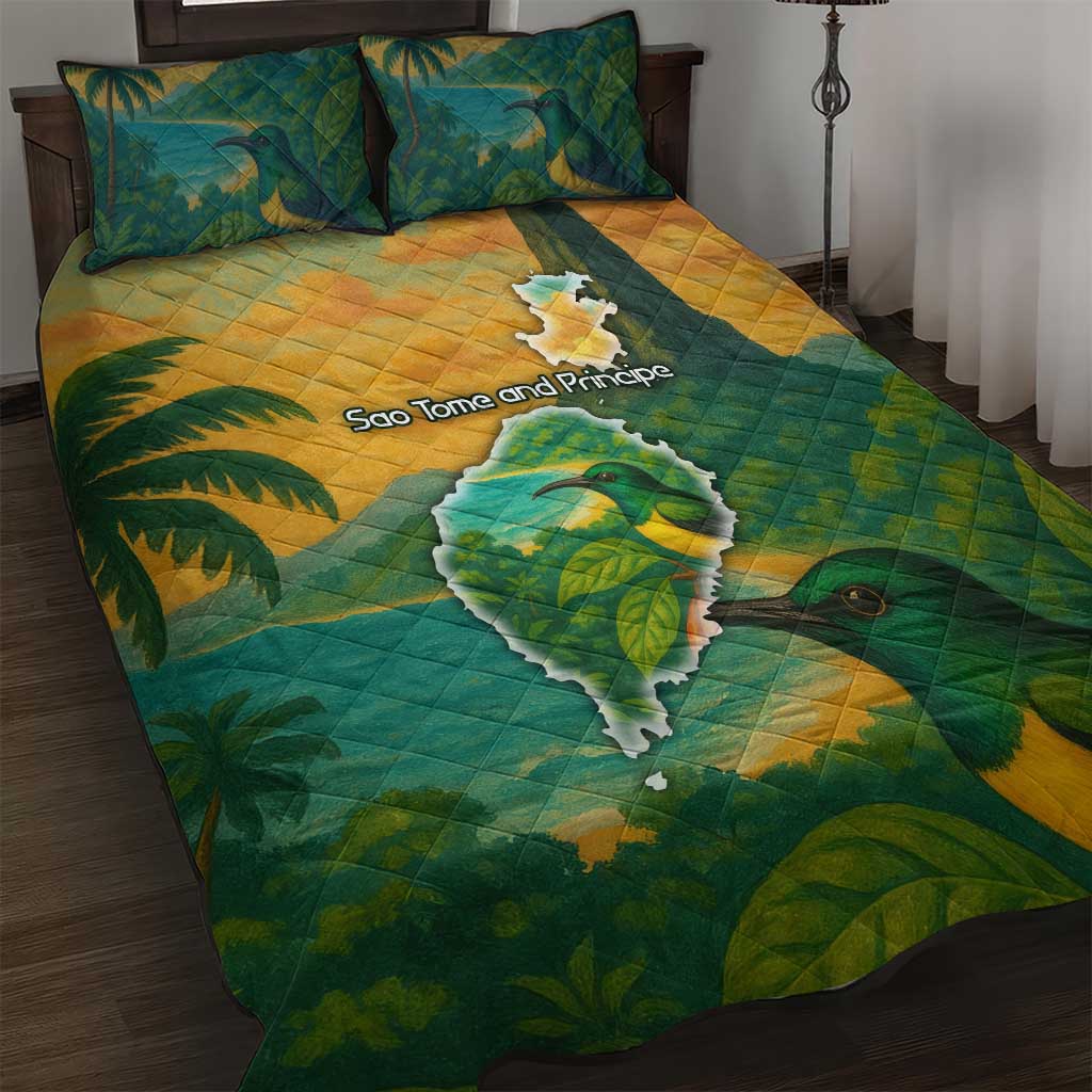 Sao Tome and Principe Tropical Island Quilt Bed Set with Bird and Cocoa Forest Print