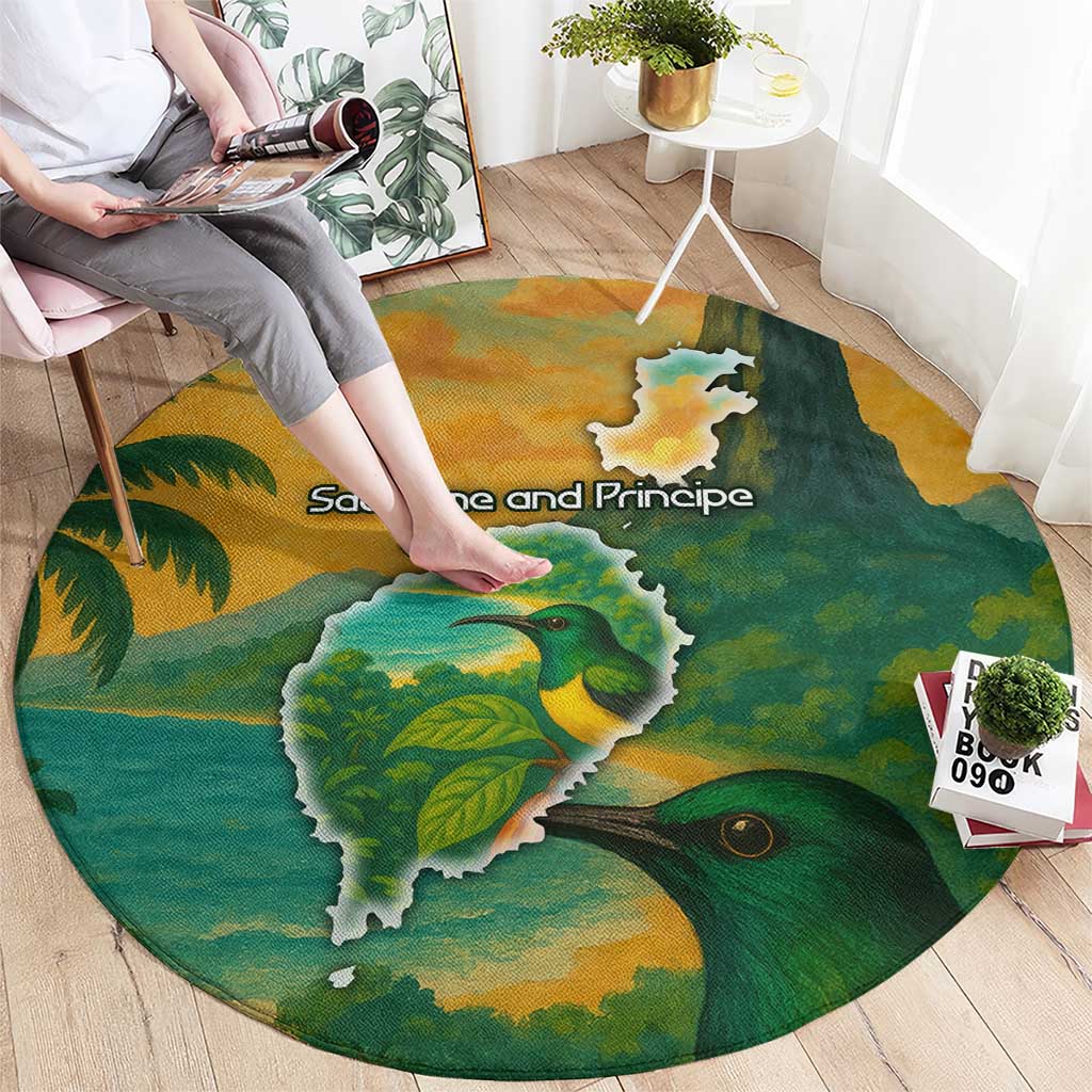 Sao Tome and Principe Tropical Island Round Carpet with Bird and Cocoa Forest Print