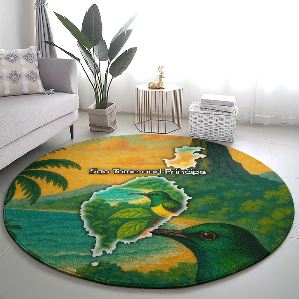 Sao Tome and Principe Tropical Island Round Carpet with Bird and Cocoa Forest Print