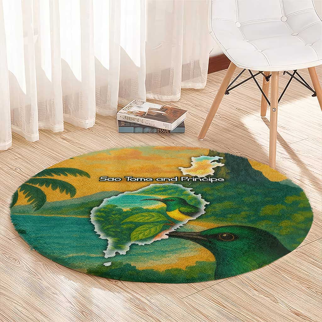 Sao Tome and Principe Tropical Island Round Carpet with Bird and Cocoa Forest Print