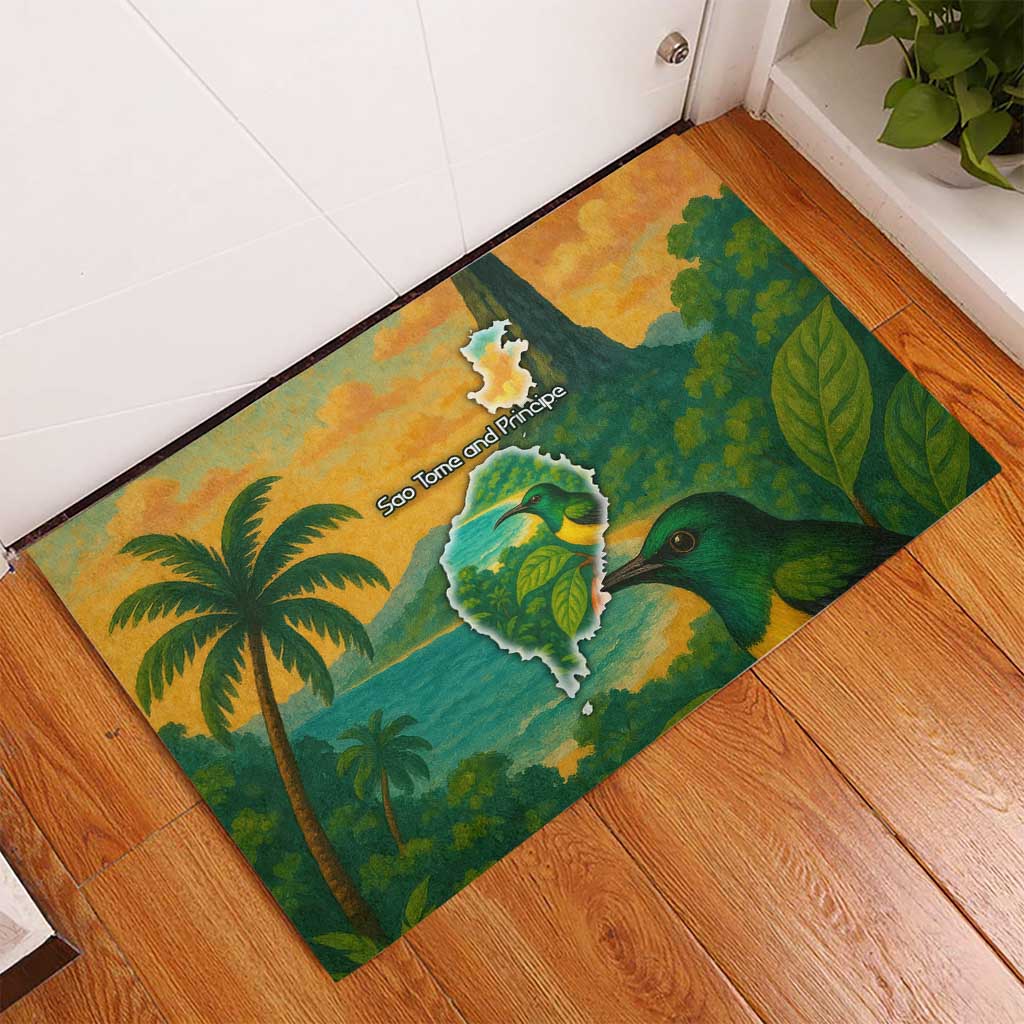 Sao Tome and Principe Tropical Island Rubber Doormat with Bird and Cocoa Forest Print
