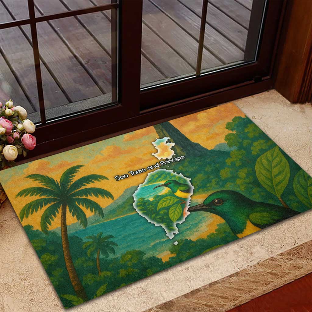 Sao Tome and Principe Tropical Island Rubber Doormat with Bird and Cocoa Forest Print