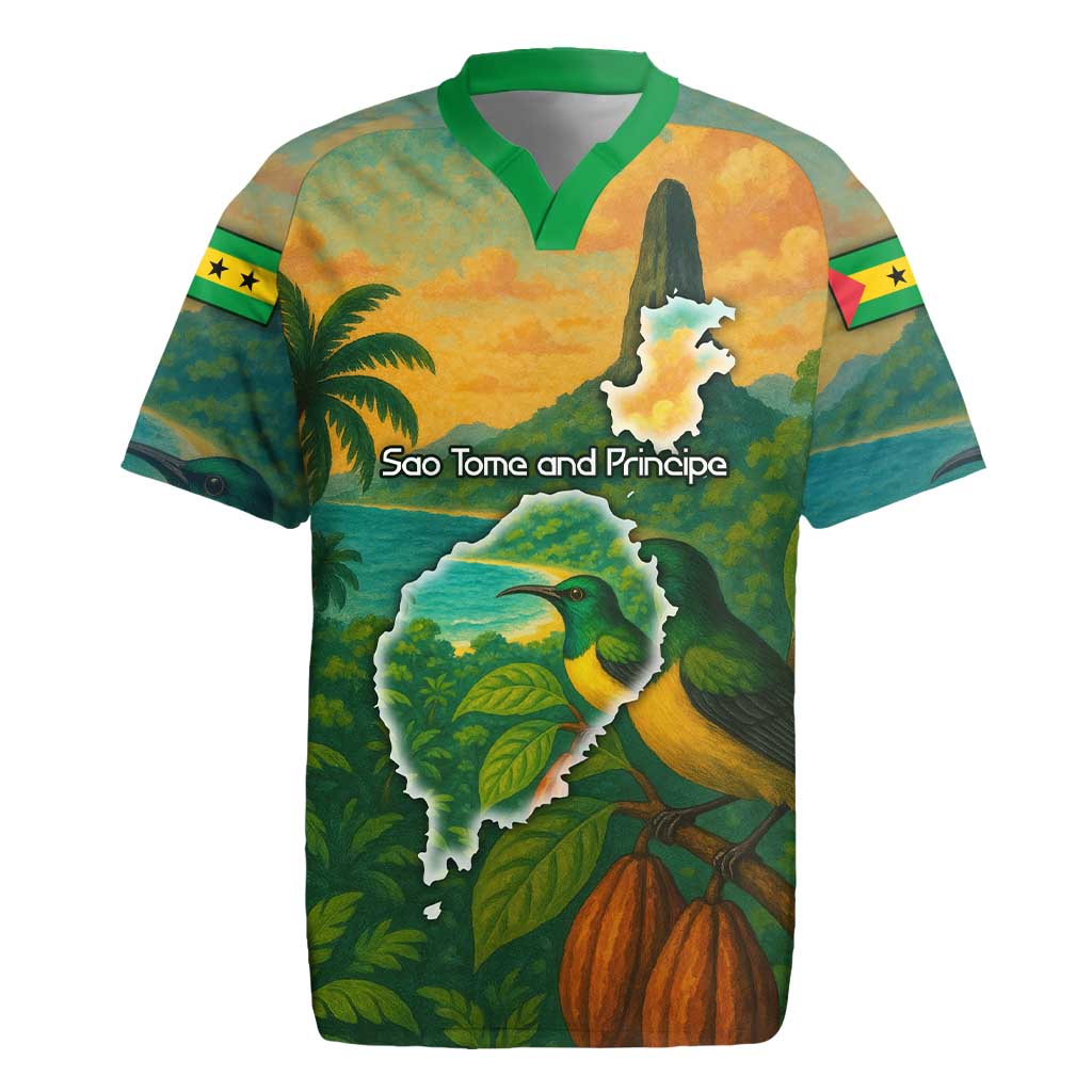 Sao Tome and Principe Tropical Island Rugby Jersey with Bird and Cocoa Forest Print