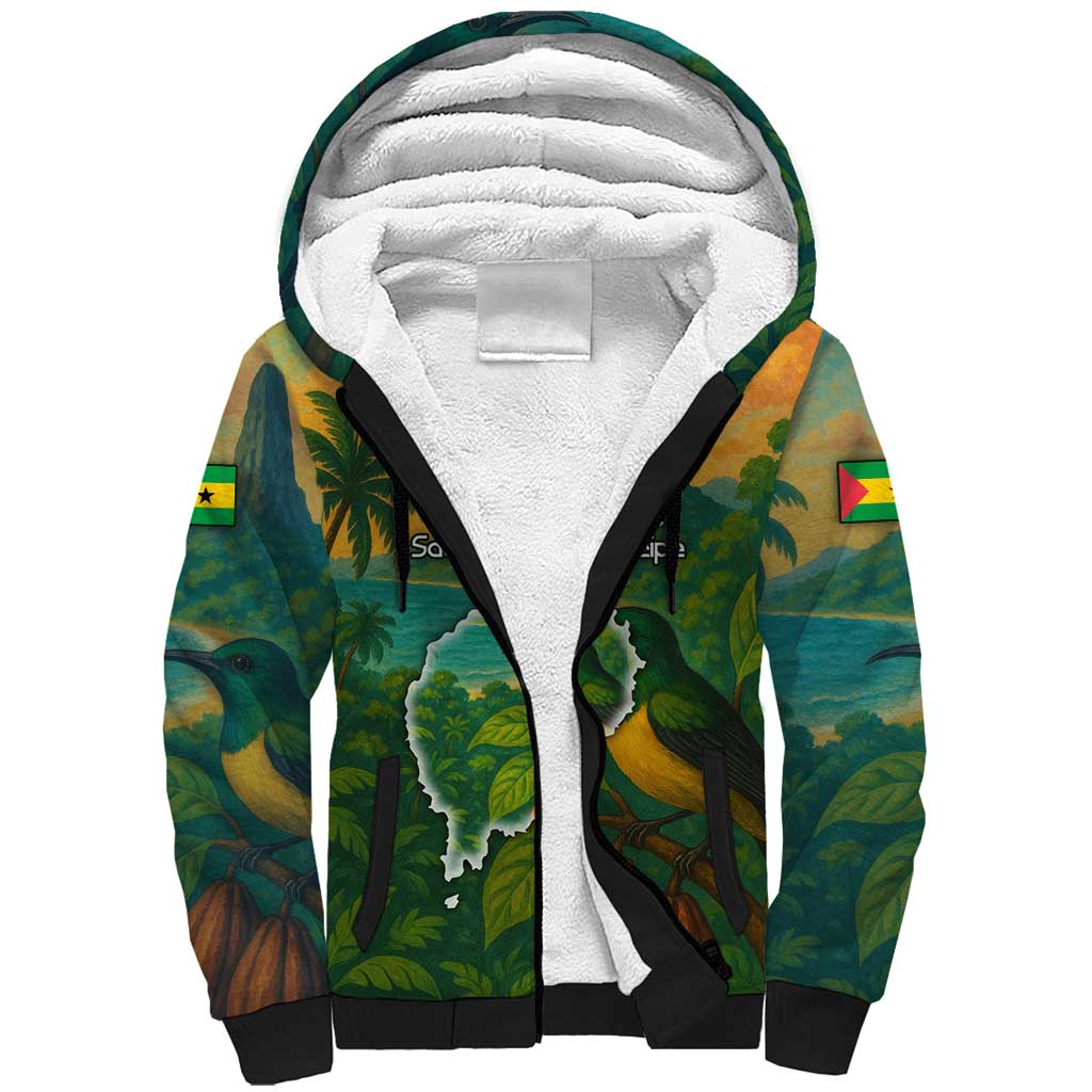Sao Tome and Principe Tropical Island Sherpa Hoodie with Bird and Cocoa Forest Print