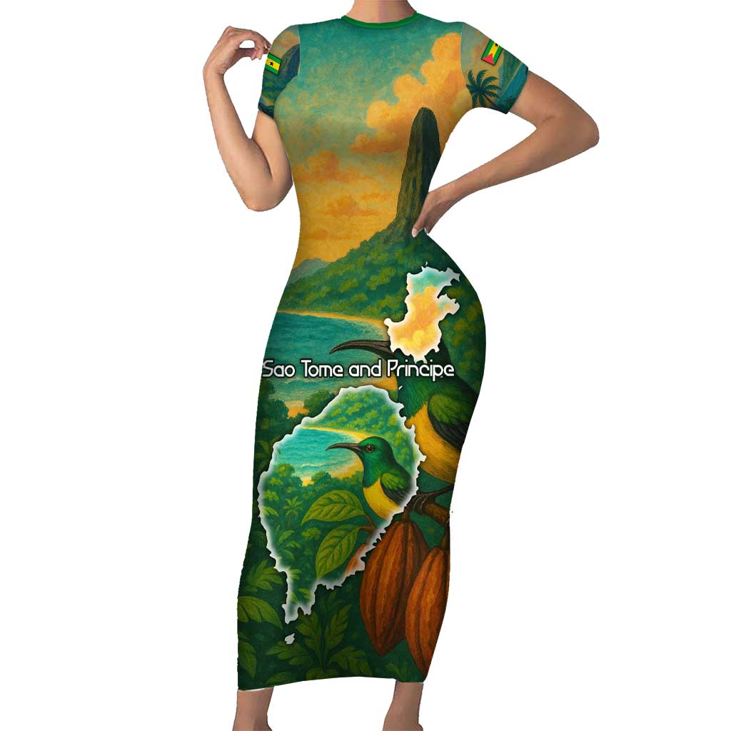 Sao Tome and Principe Tropical Island Short Sleeve Bodycon Dress with Bird and Cocoa Forest Print