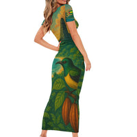 Sao Tome and Principe Tropical Island Short Sleeve Bodycon Dress with Bird and Cocoa Forest Print