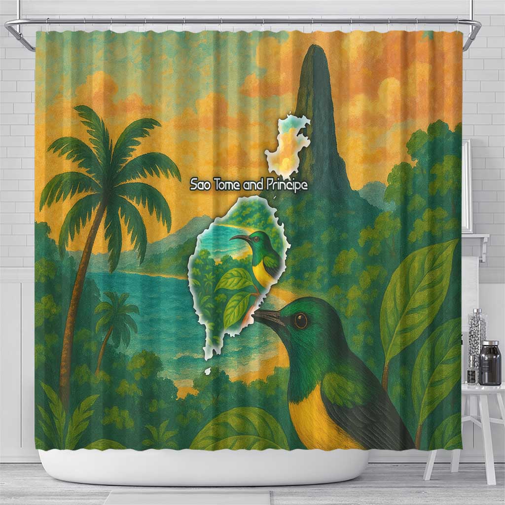 Sao Tome and Principe Tropical Island Shower Curtain with Bird and Cocoa Forest Print