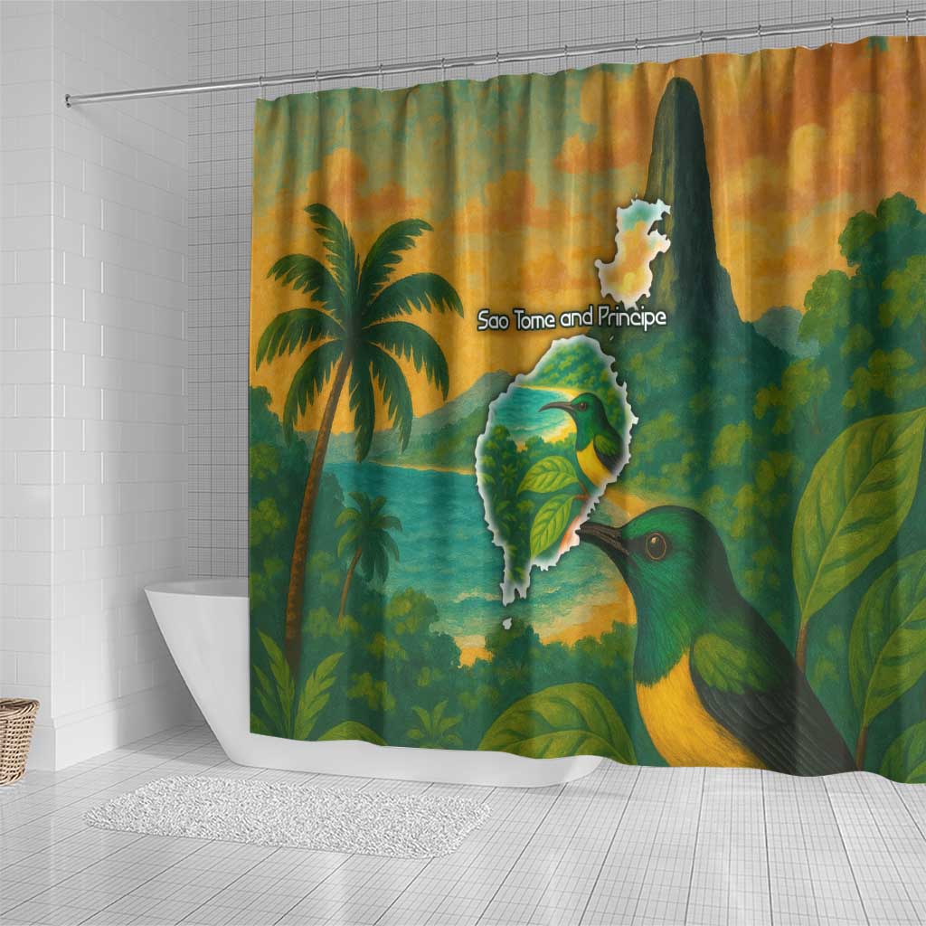 Sao Tome and Principe Tropical Island Shower Curtain with Bird and Cocoa Forest Print