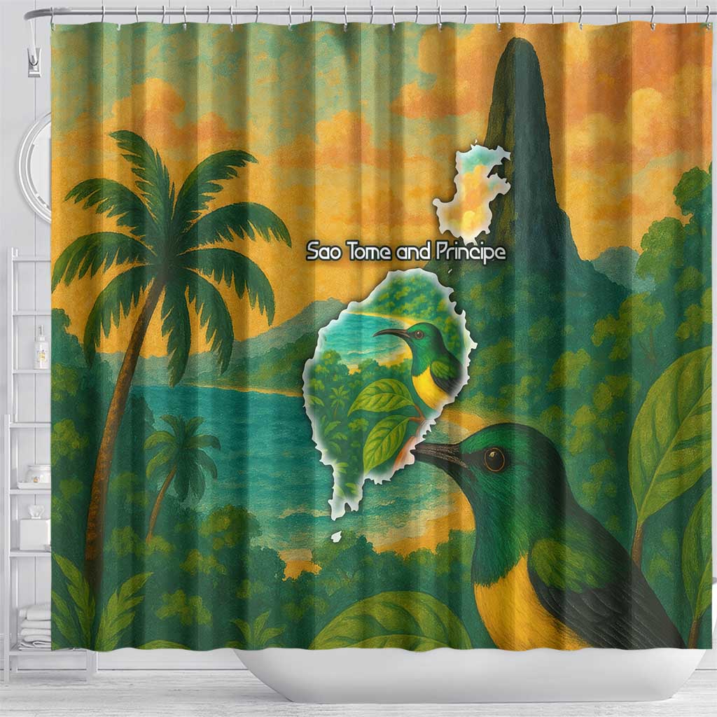 Sao Tome and Principe Tropical Island Shower Curtain with Bird and Cocoa Forest Print