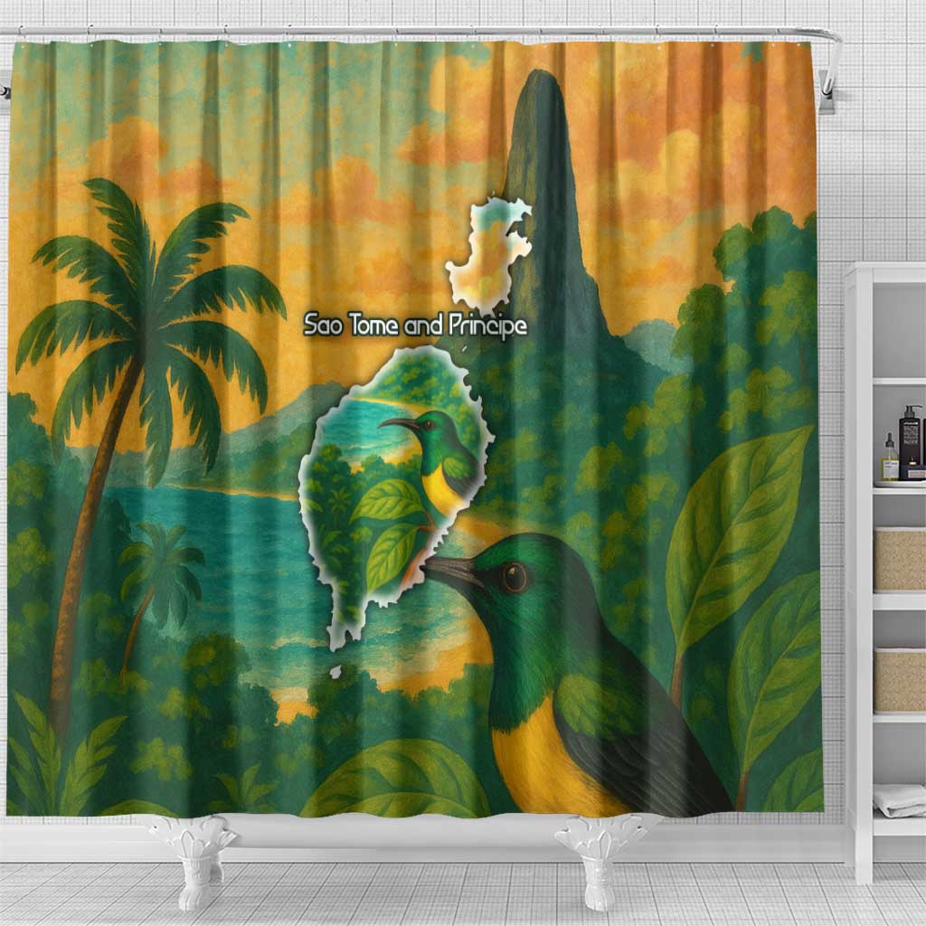 Sao Tome and Principe Tropical Island Shower Curtain with Bird and Cocoa Forest Print