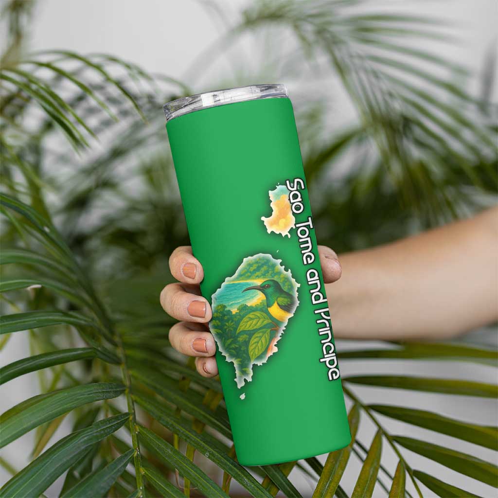 Sao Tome and Principe Tropical Island Skinny Tumbler with Bird and Cocoa Forest Print
