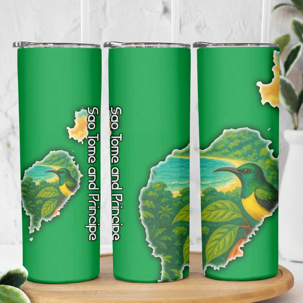 Sao Tome and Principe Tropical Island Skinny Tumbler with Bird and Cocoa Forest Print