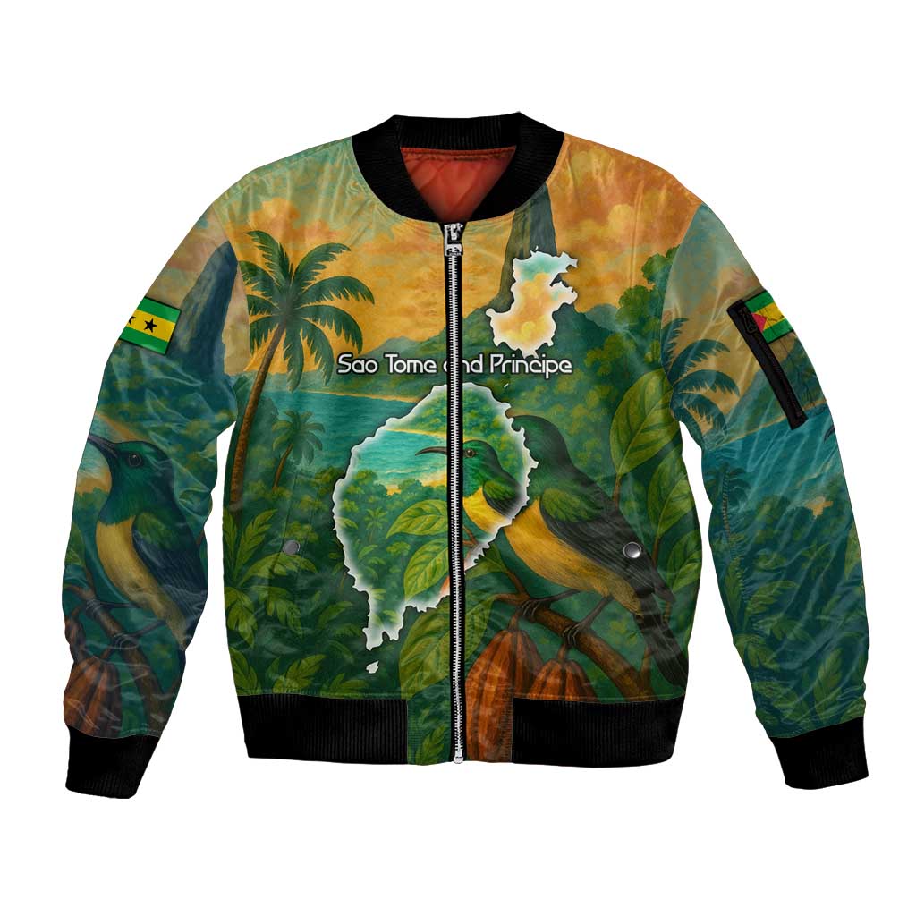 Sao Tome and Principe Tropical Island Sleeve Zip Bomber Jacket with Bird and Cocoa Forest Print