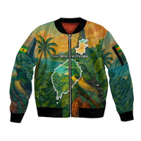 Sao Tome and Principe Tropical Island Sleeve Zip Bomber Jacket with Bird and Cocoa Forest Print
