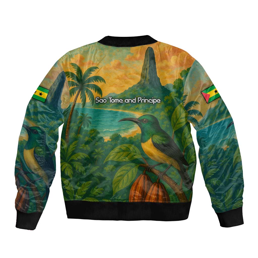 Sao Tome and Principe Tropical Island Sleeve Zip Bomber Jacket with Bird and Cocoa Forest Print
