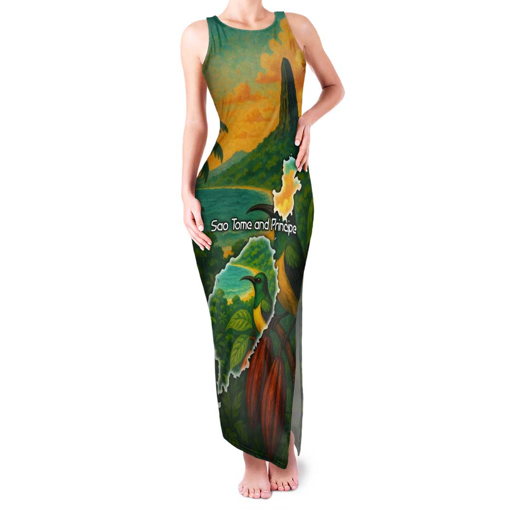Sao Tome and Principe Tropical Island Tank Maxi Dress with Bird and Cocoa Forest Print