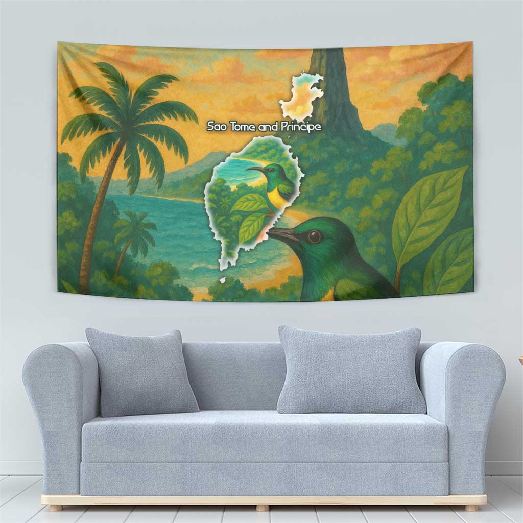 Sao Tome and Principe Tropical Island Tapestry with Bird and Cocoa Forest Print
