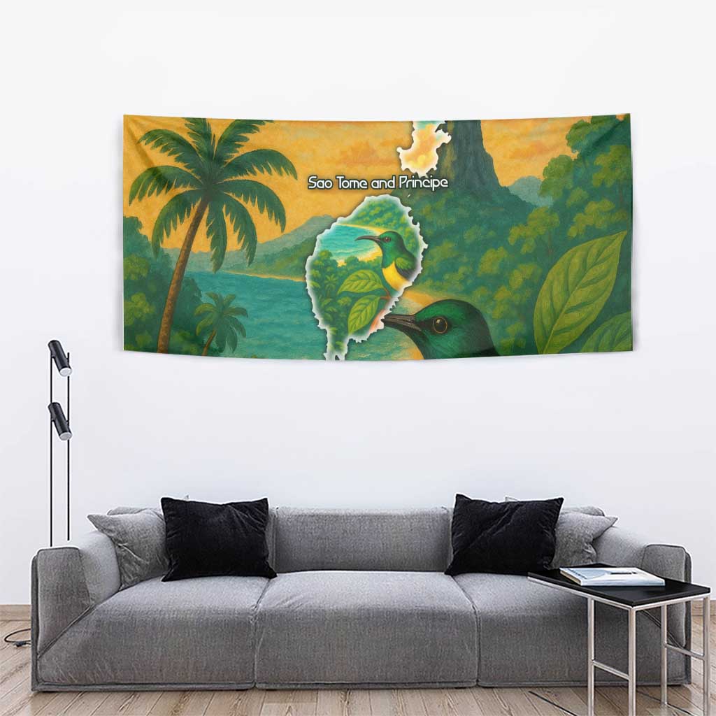 Sao Tome and Principe Tropical Island Tapestry with Bird and Cocoa Forest Print