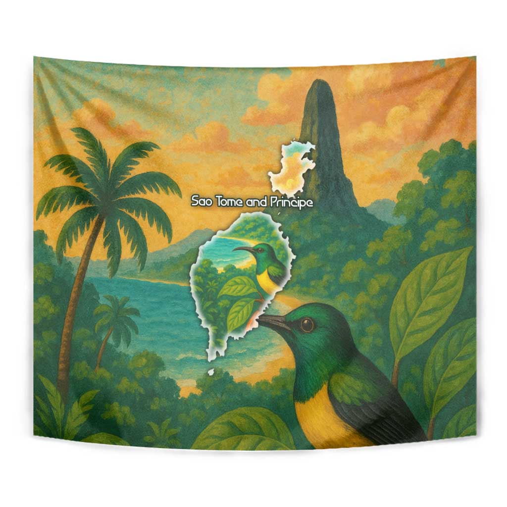 Sao Tome and Principe Tropical Island Tapestry with Bird and Cocoa Forest Print