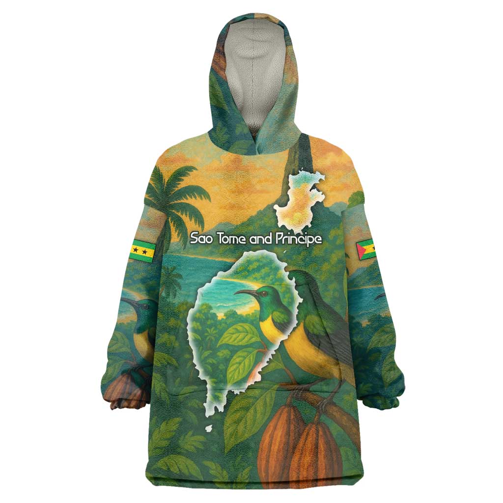 Sao Tome and Principe Tropical Island Wearable Blanket Hoodie with Bird and Cocoa Forest Print