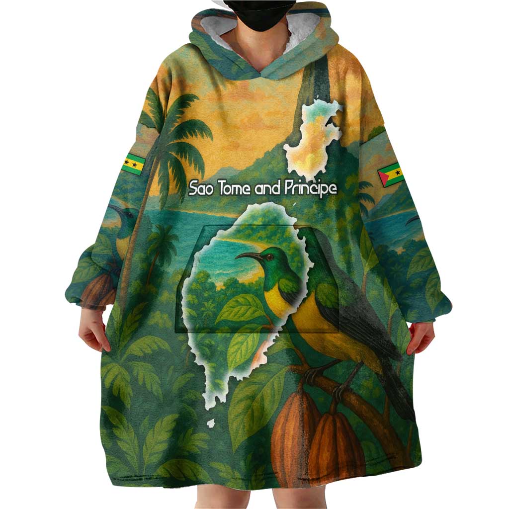 Sao Tome and Principe Tropical Island Wearable Blanket Hoodie with Bird and Cocoa Forest Print
