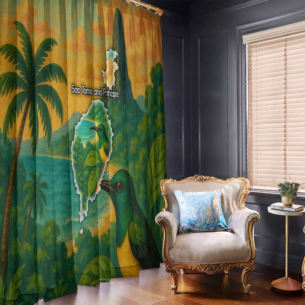 Sao Tome and Principe Tropical Island Window Curtain with Bird and Cocoa Forest Print