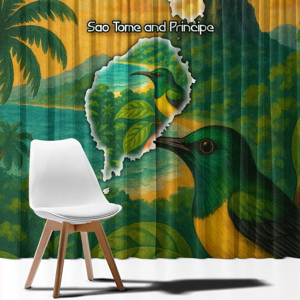 Sao Tome and Principe Tropical Island Window Curtain with Bird and Cocoa Forest Print