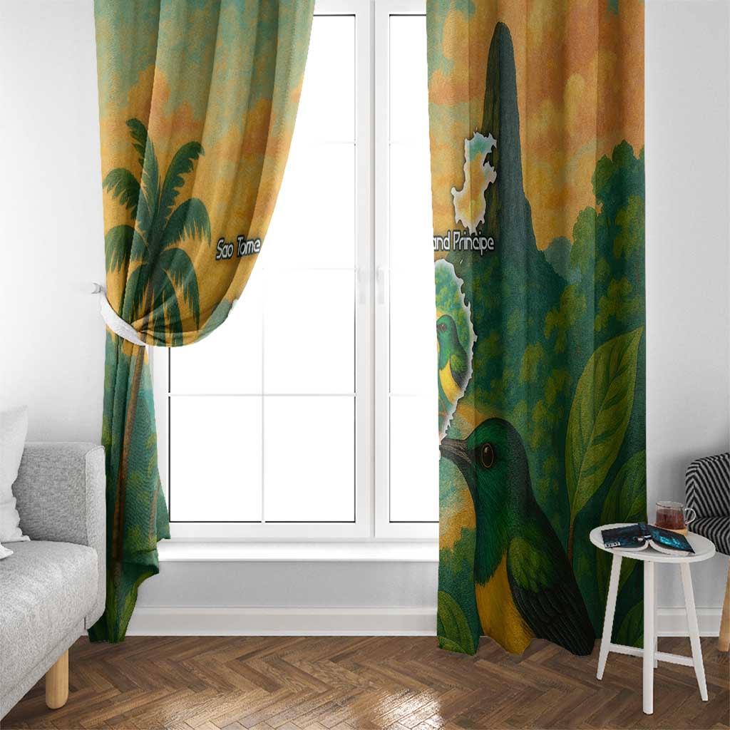 Sao Tome and Principe Tropical Island Window Curtain with Bird and Cocoa Forest Print