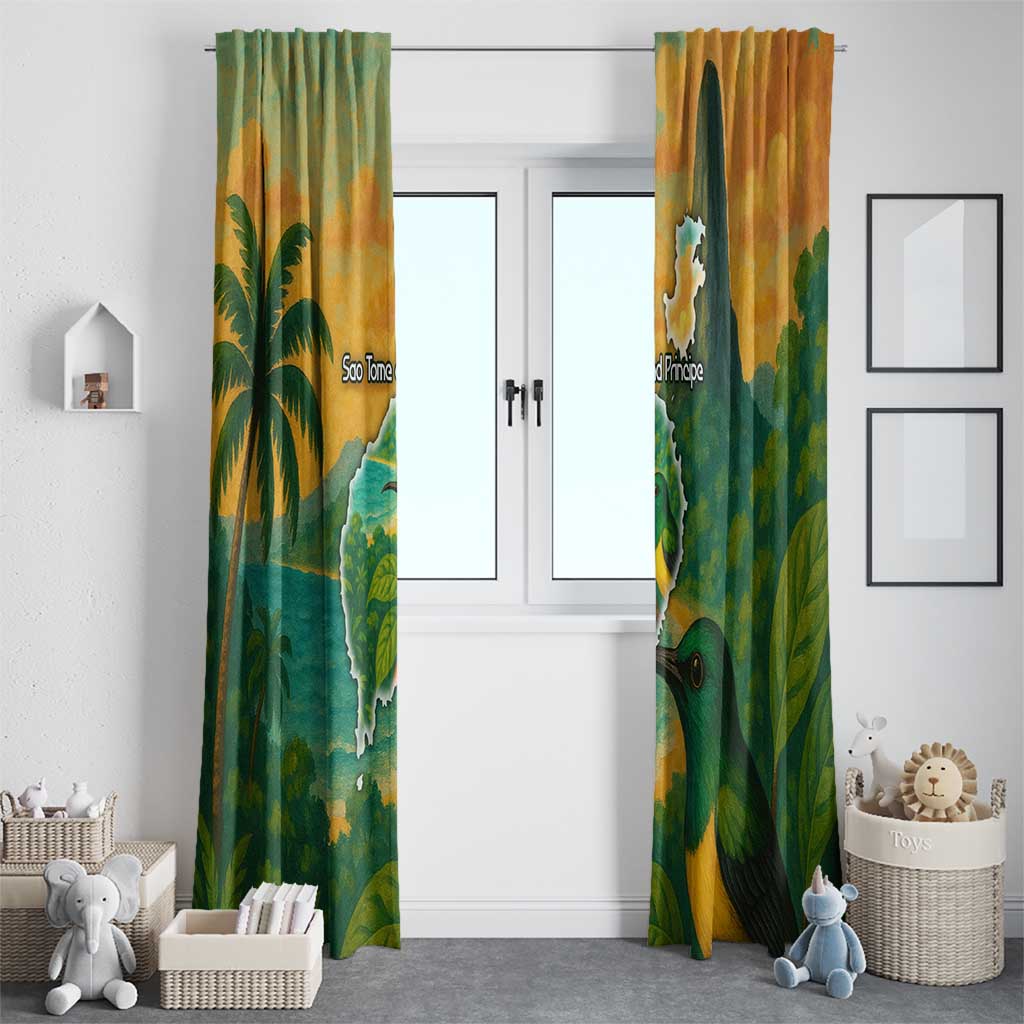 Sao Tome and Principe Tropical Island Window Curtain with Bird and Cocoa Forest Print
