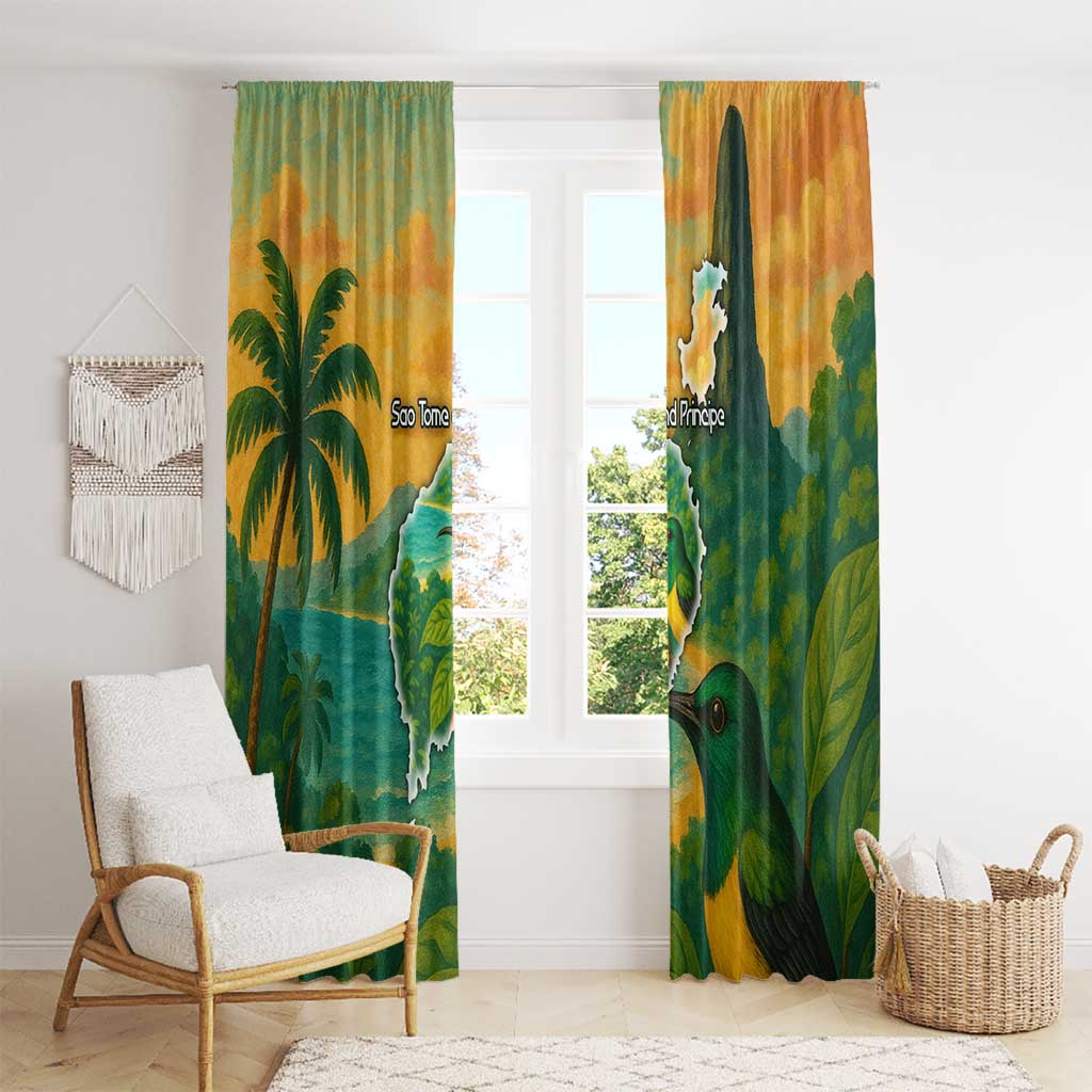 Sao Tome and Principe Tropical Island Window Curtain with Bird and Cocoa Forest Print
