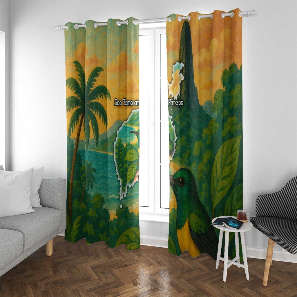 Sao Tome and Principe Tropical Island Window Curtain with Bird and Cocoa Forest Print