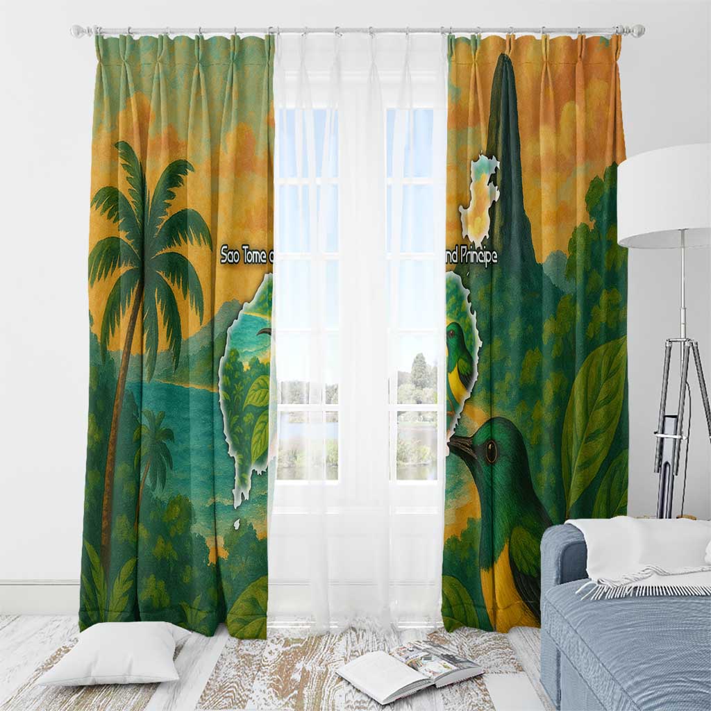 Sao Tome and Principe Tropical Island Window Curtain with Bird and Cocoa Forest Print