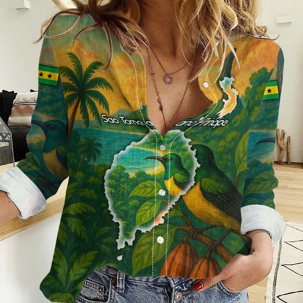 Sao Tome and Principe Tropical Island Women Casual Shirt with Bird and Cocoa Forest Print
