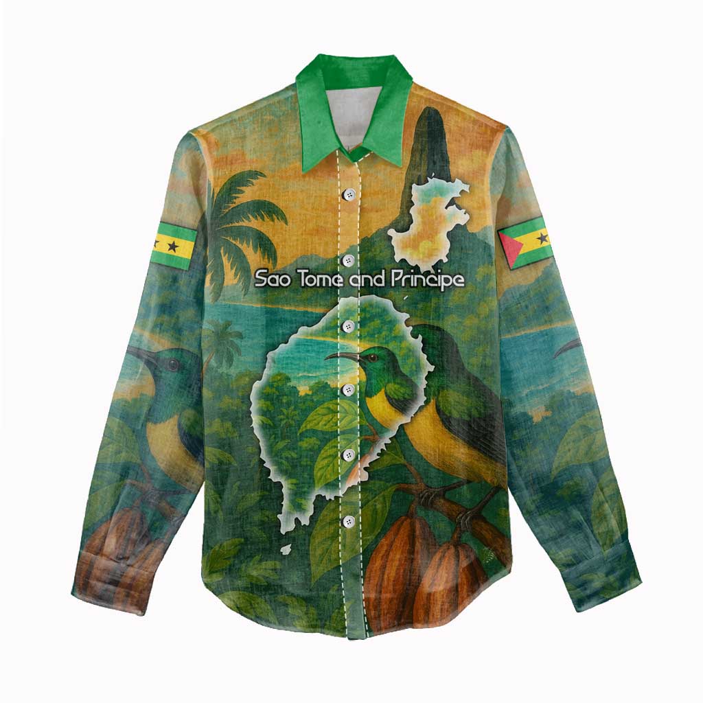 Sao Tome and Principe Tropical Island Women Casual Shirt with Bird and Cocoa Forest Print