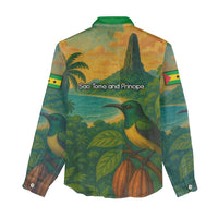 Sao Tome and Principe Tropical Island Women Casual Shirt with Bird and Cocoa Forest Print