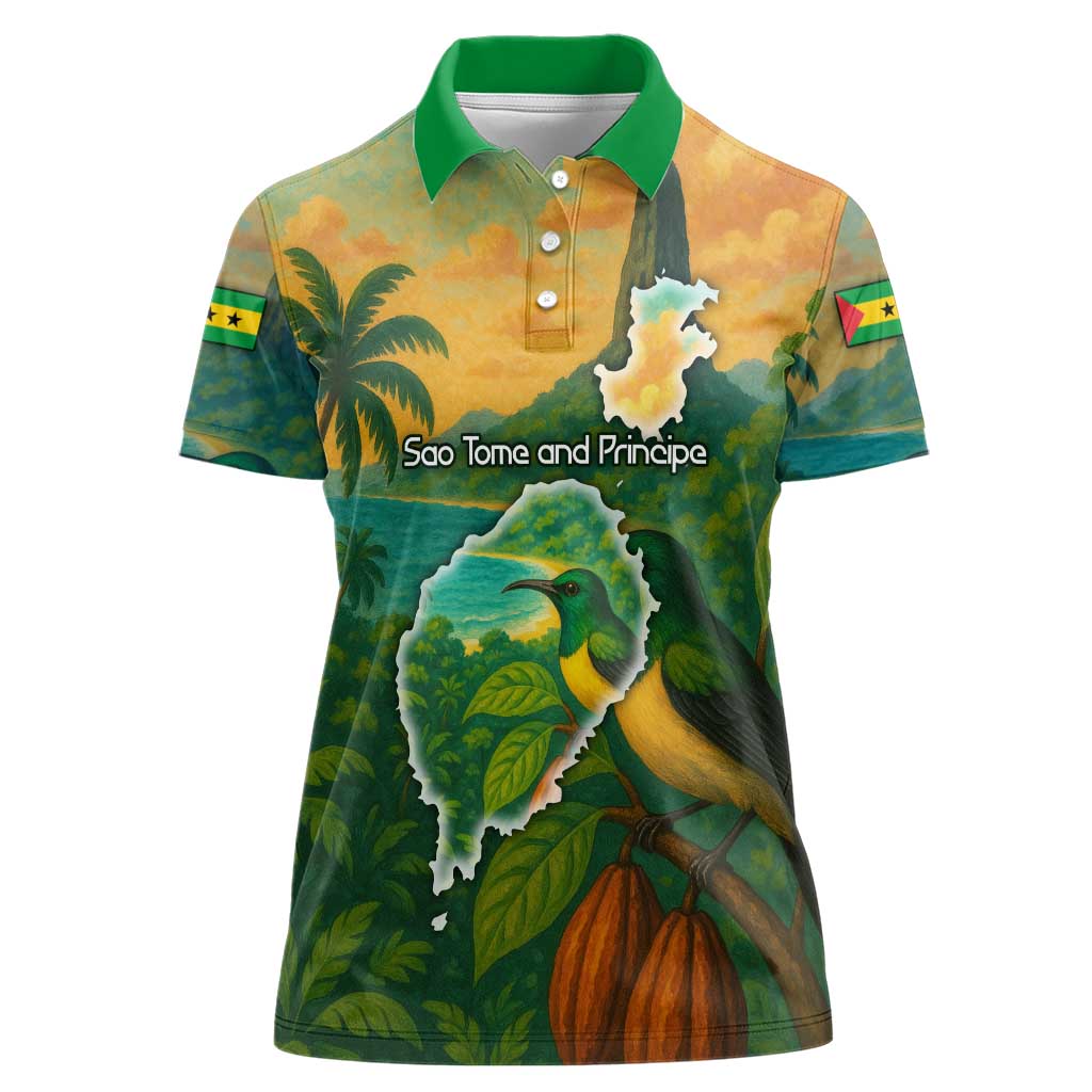 Sao Tome and Principe Tropical Island Women Polo Shirt with Bird and Cocoa Forest Print
