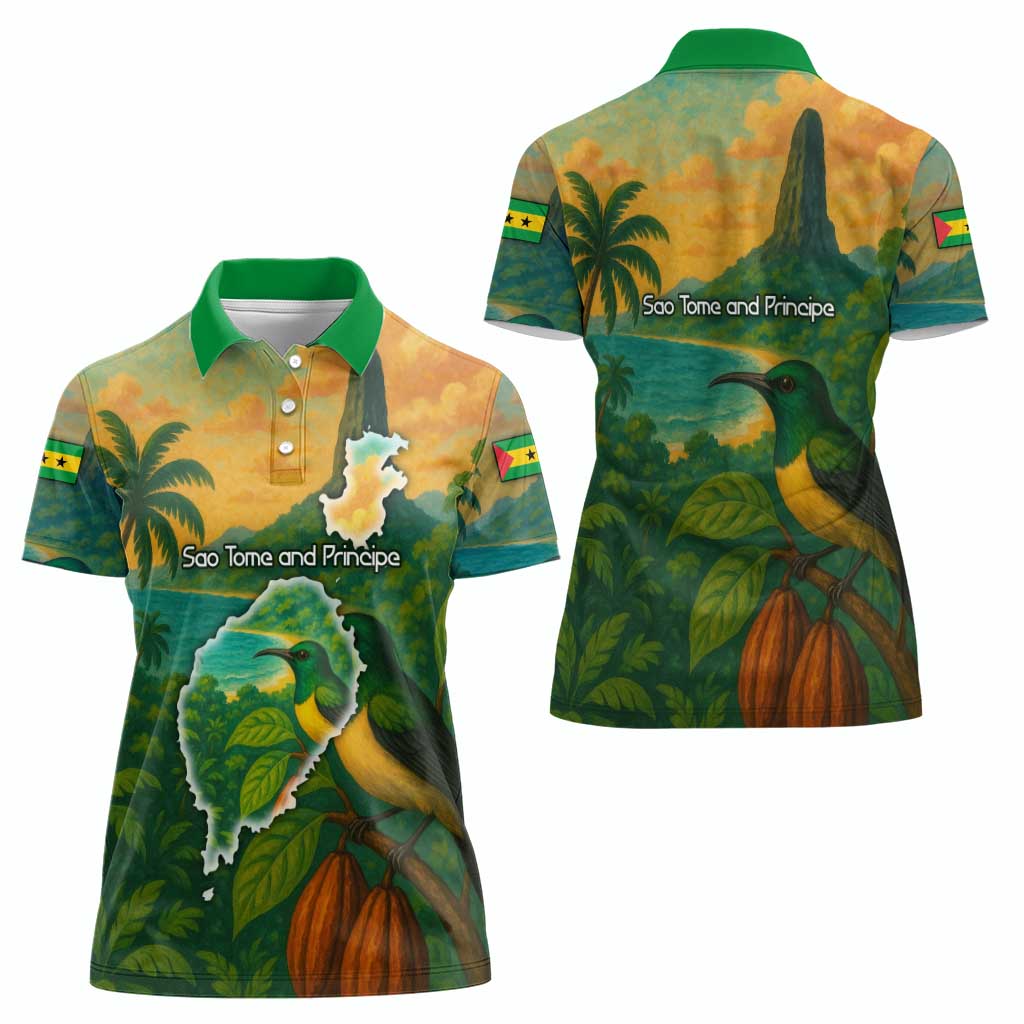 Sao Tome and Principe Tropical Island Women Polo Shirt with Bird and Cocoa Forest Print