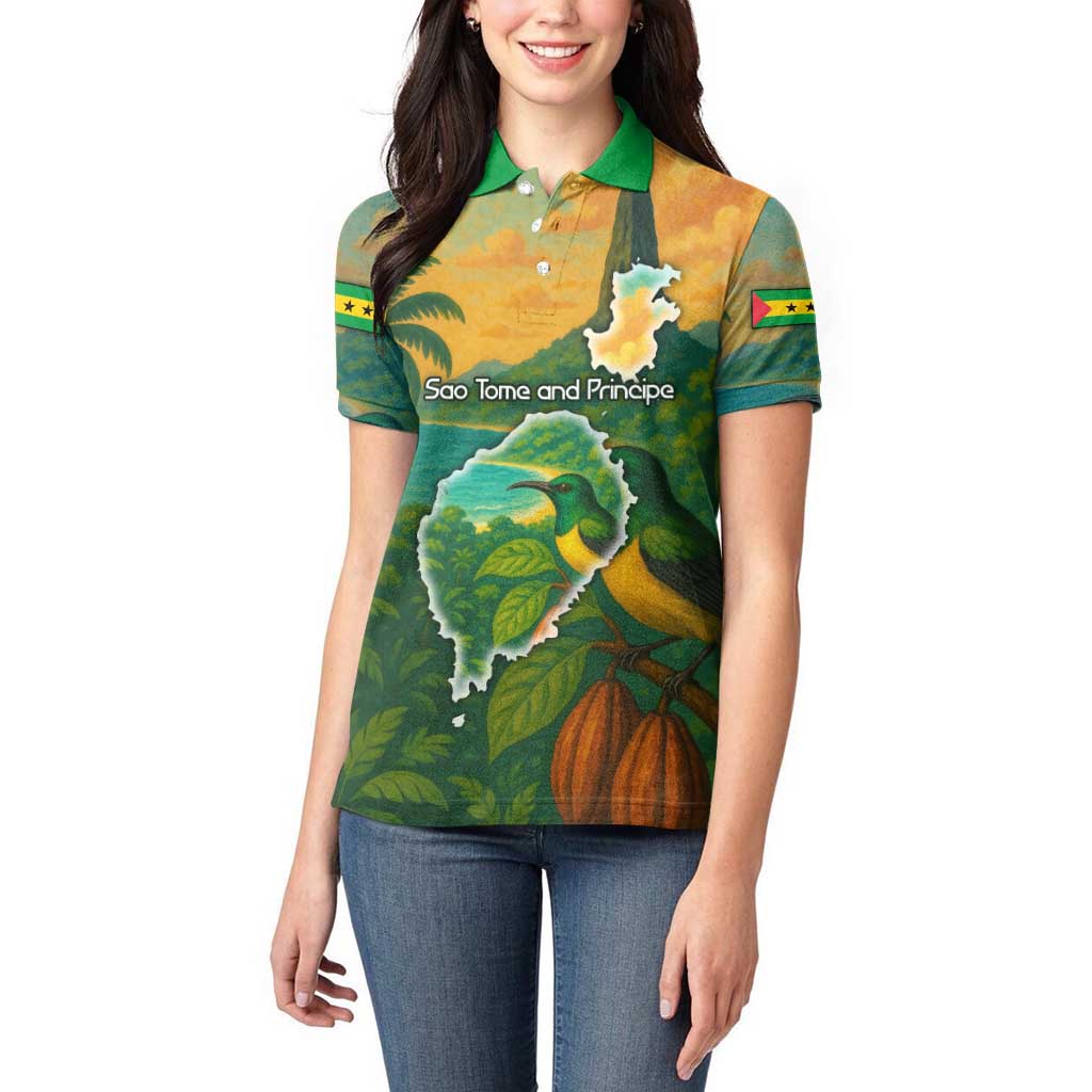 Sao Tome and Principe Tropical Island Women Polo Shirt with Bird and Cocoa Forest Print