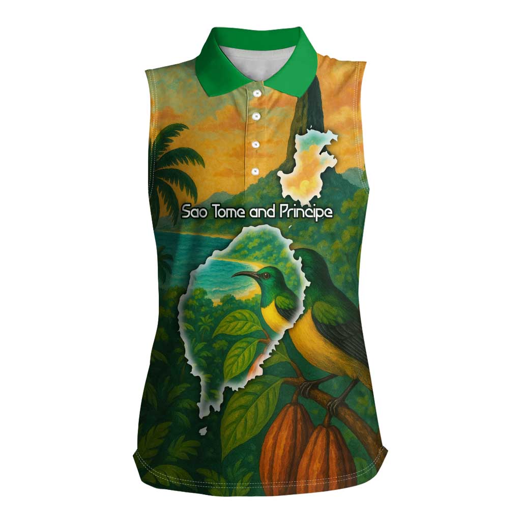 Sao Tome and Principe Tropical Island Women Sleeveless Polo Shirt with Bird and Cocoa Forest Print