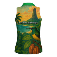 Sao Tome and Principe Tropical Island Women Sleeveless Polo Shirt with Bird and Cocoa Forest Print