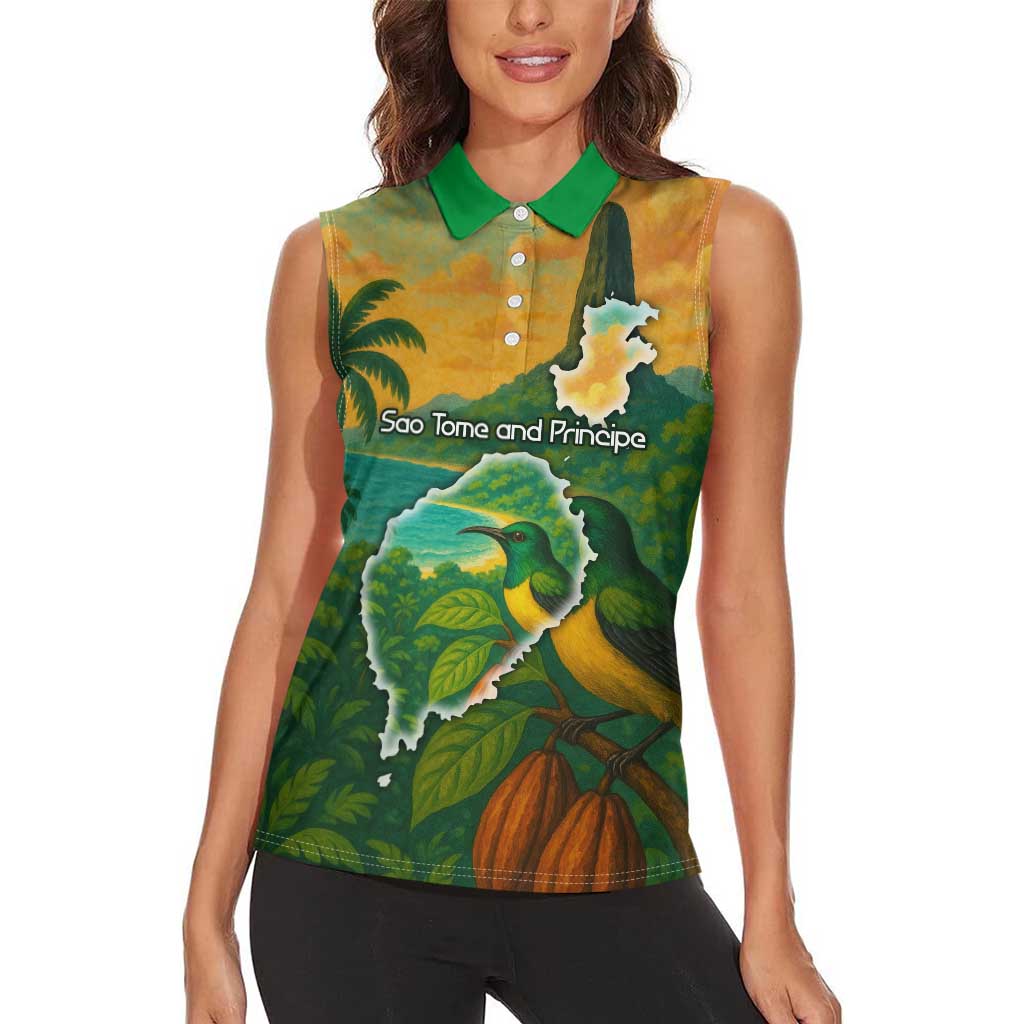 Sao Tome and Principe Tropical Island Women Sleeveless Polo Shirt with Bird and Cocoa Forest Print